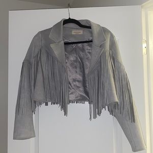 Grey faux suede fringe jacket